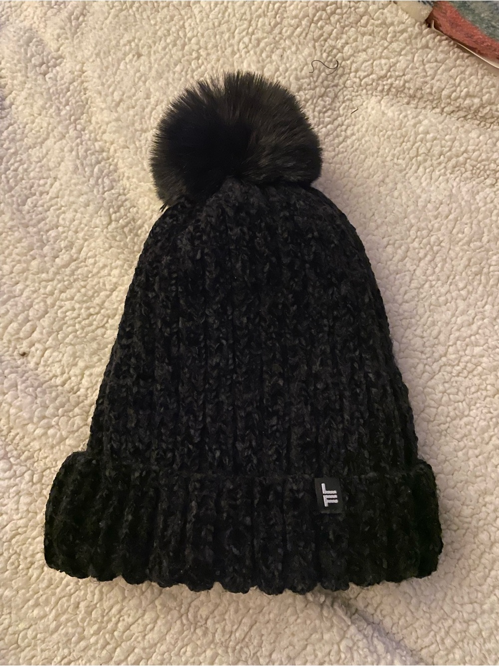 London Fog Black Knit Pom-Pom Beanie